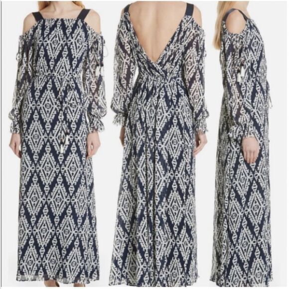 NWT ❤️TORY BURCH❤️ Katherine Tapestry Geo Cold Shoulder Blue Maxi Dress Small - Picture 1 of 8